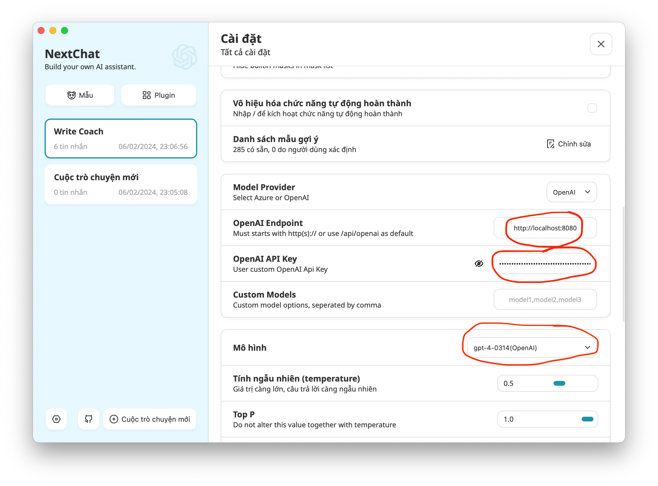 thiết lập lại cấu hình trong NextChat